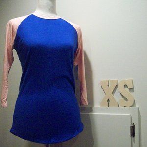 NWT LuLaRoe Randy baseball T, XS, blue with pink sleeves